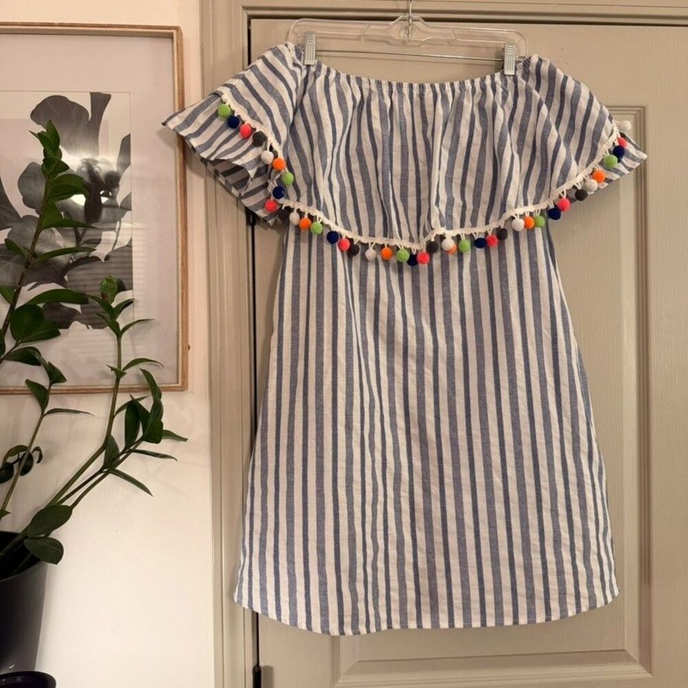 Bellamie Off Shoulder Stripe Dress Pom Pom Blue White Boho Beach Pockets S/M